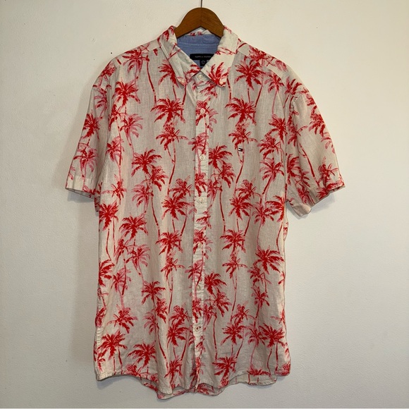 Tommy Hilfiger Other - Tommy Hilfiger Shirt Men's XL Red Pink Palm Tree Print Linen Logo Short Sleeve